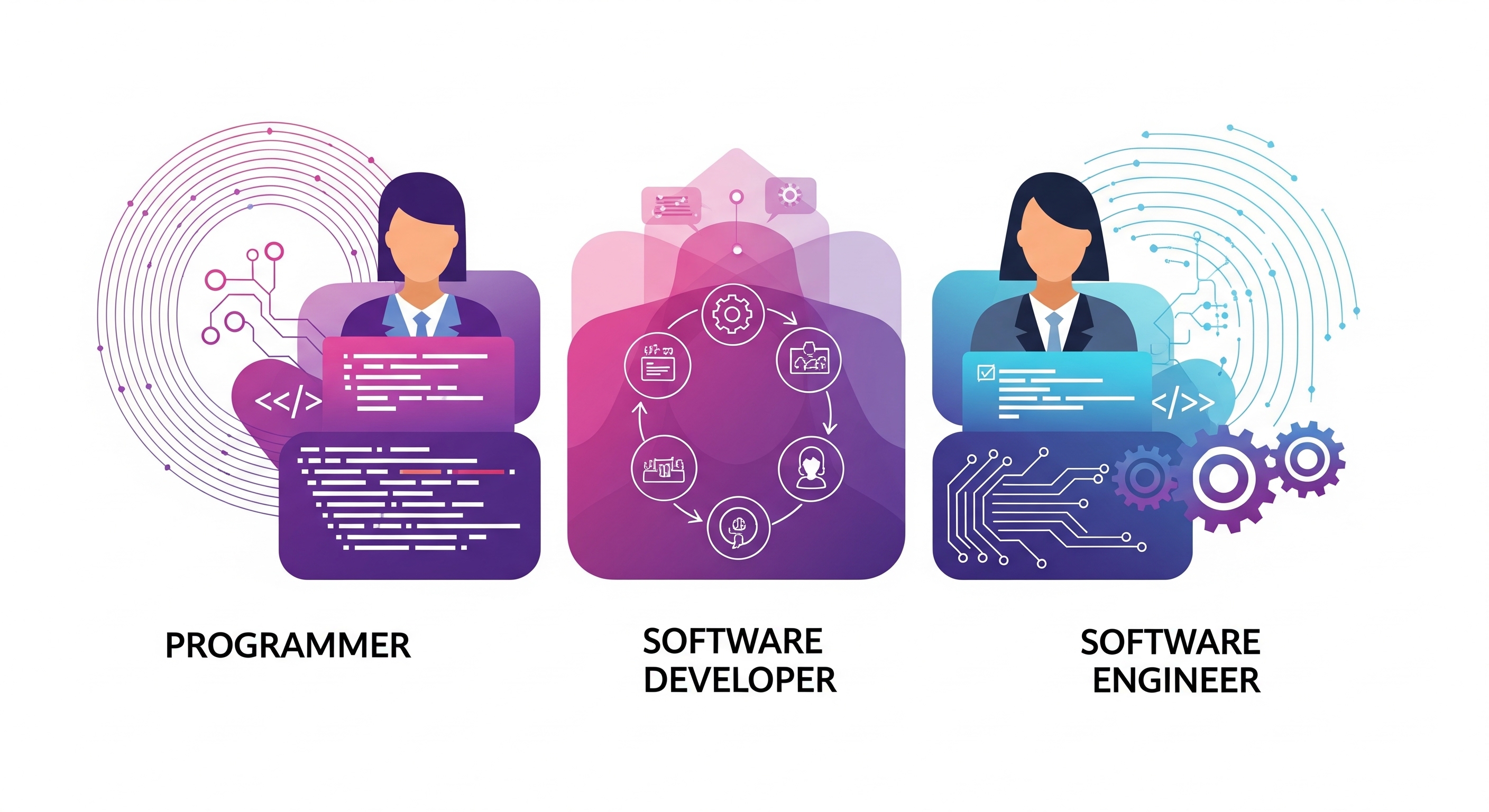 สำรวจความแตกต่างระหว่าง โปรแกรมเมอร์ นักพัฒนาซอฟต์แวร์ และวิศวกรซอฟต์แวร์ /posts/dev/carreer_roles/featured-image.jpg